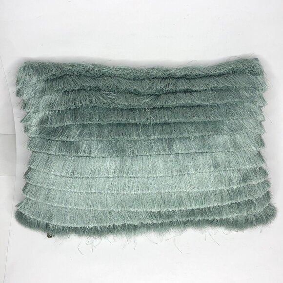 PIER 1 Throw Pillow Sage Green Iridescent 17 x 13 Ruffles Fringes Tassels Modern - Picture 2 of 6